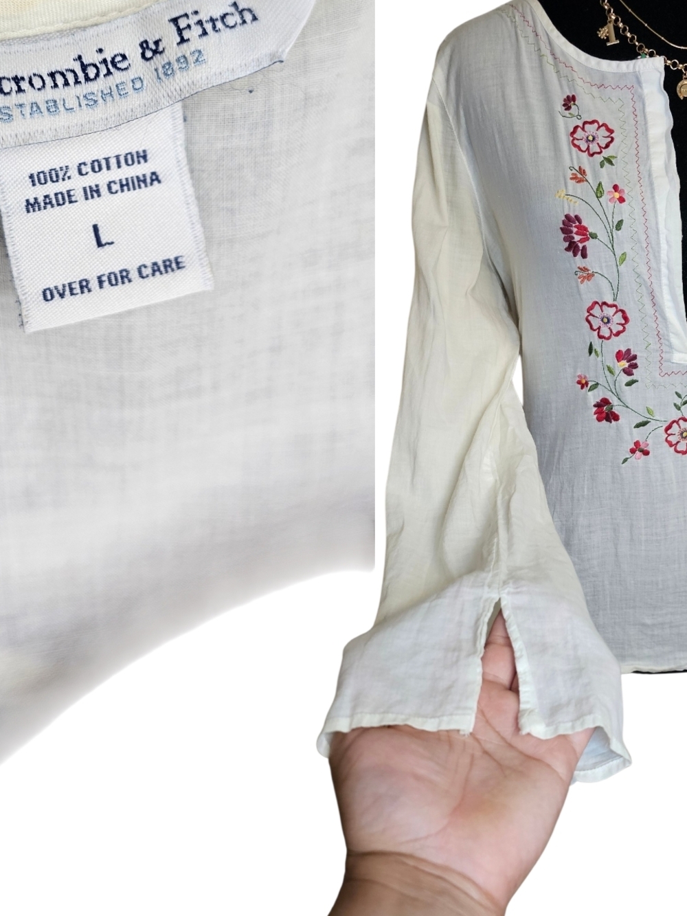 Abercrombie & Fitch Cream Embroidered Tunic with Pink Floral Accents - Picture 4 of 5